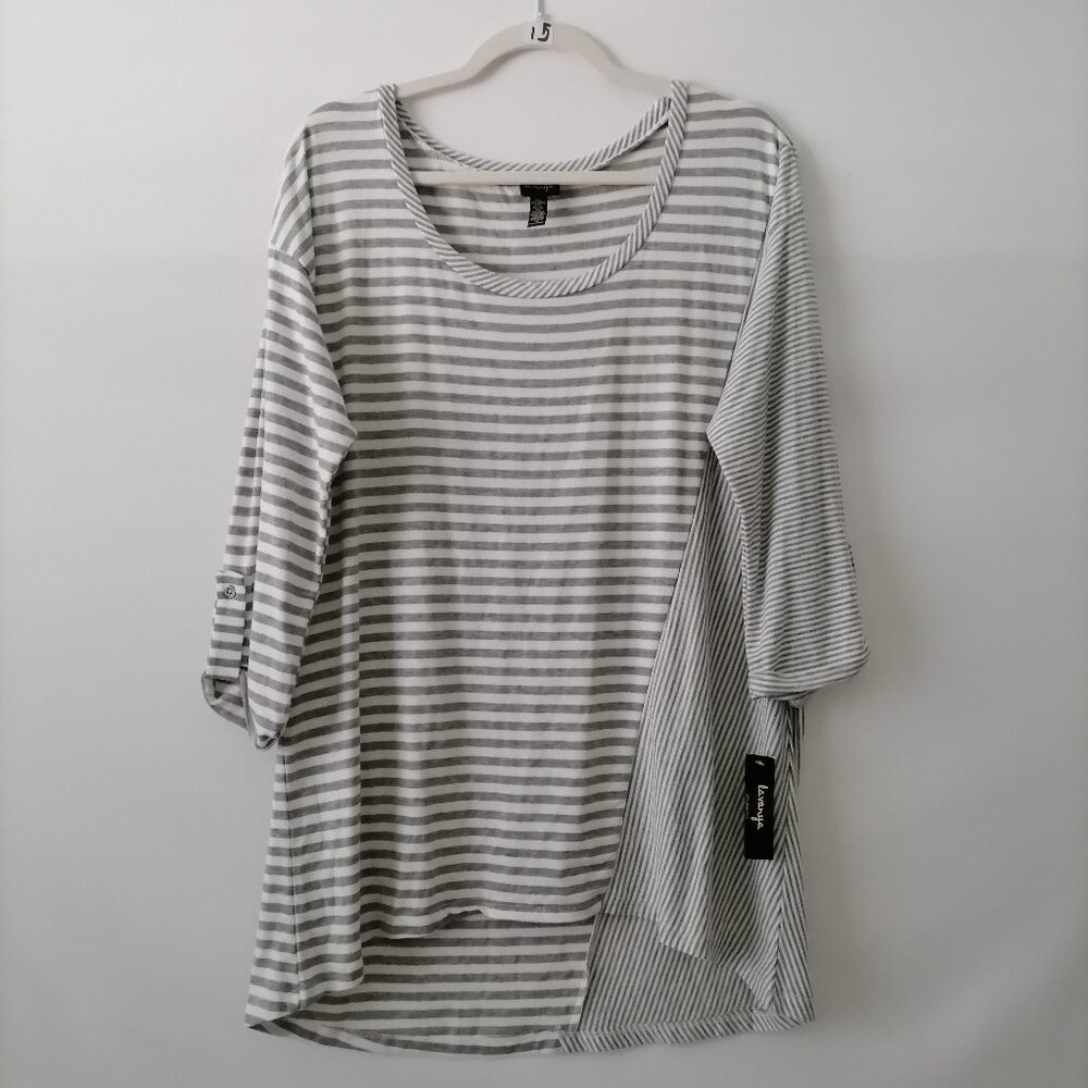 NWT Lavanya Womens Gray Roll Tab Sleeve Striped Drop Shoulder T-Shirt Size 1X